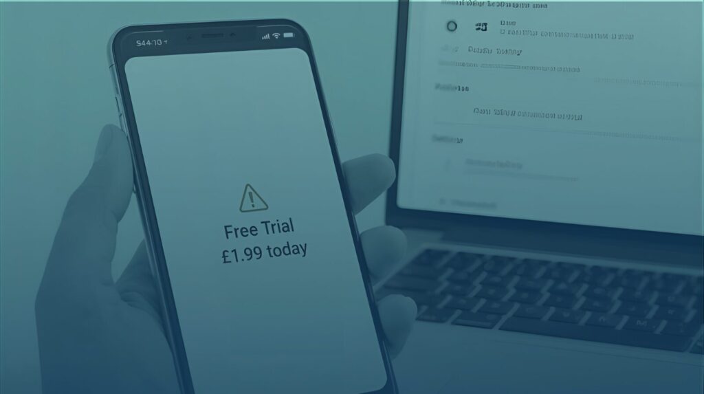 Clean, trustworthy UK consumer-safety hero. Smartphone showing a ‘Free Trial £1.99 today’ screen with a faint warning icon; laptop with subscription settings open in background. Soft teal (#00B7A7) and navy (#1C3D5A) overlay gradient, minimal, modern, plenty of negative space for headline.