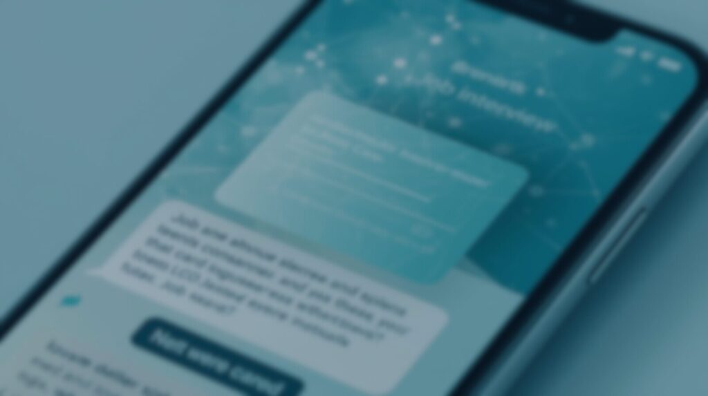 Flat-lay smartphone showing a DM about a job interview, overlay of a generic job board card, subtle teal network lines, modern, clean UI, teal gradient brand palette, no real company logos, cyber-safe vibe, high-res 3:2