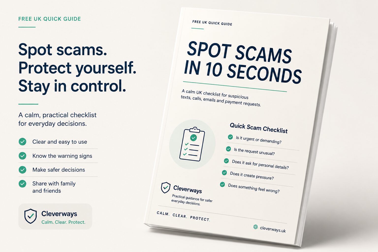 Preview of the Cleverways Spot Scams in 10 Seconds free guide